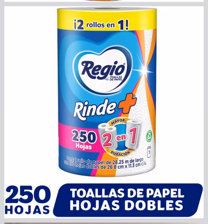 Amazon: $21 ||| Regio Rinde+ Toallas de papel, 250 hojas dobles, 1 rollo