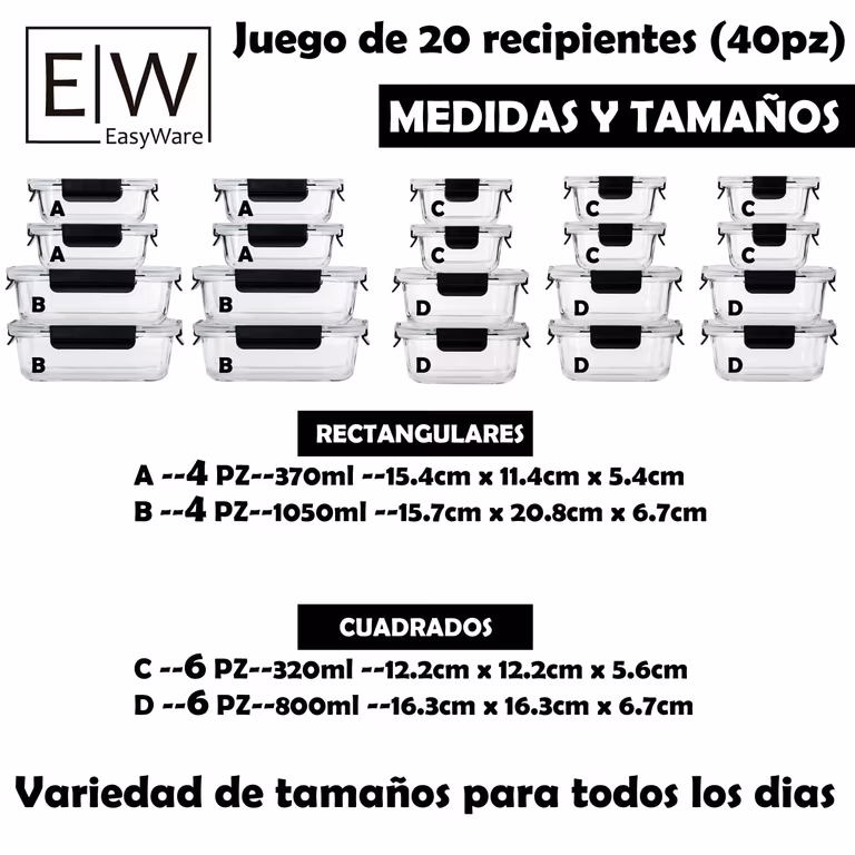 Amazon: 3MSI, EasyWare JUEGO DE VIDRIO HERMÉTICO, CONTENEDORES Alimentos Tapas Cierre Fácil, Refractarios Cocina refrigerador Congelador 40