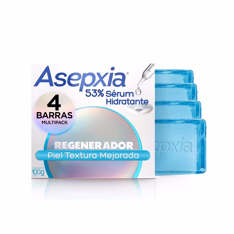 Amazon: Asepxia, Jabón en barra Regenerante, jabón facial y corporal, 53% Serum Hidratante, 4 x 100g