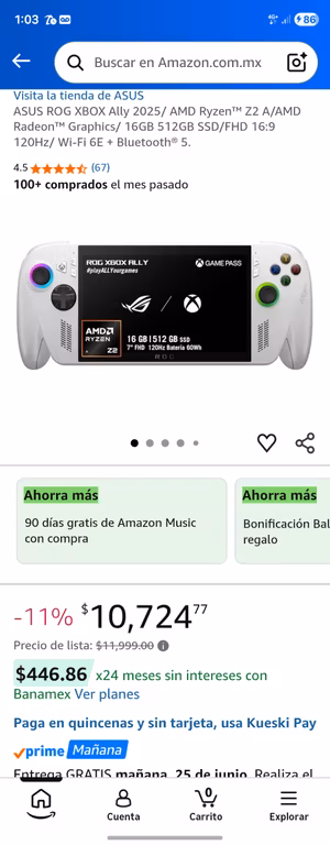 Amazon: ASUS ROG XBOX Ally 2025/ AMD Ryzen Z2 A/AMD Radeon Graphics/ 16GB 512GB SSD/FHD 16:9 120Hz/ Wi-Fi 6E + Bluetooth 5