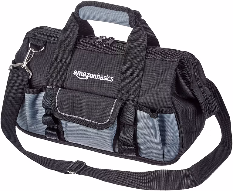 Amazon Basics Bolsa para herramientas Base duradera resistente al desgaste, bolsa estándar pequeña con correa, 30 cm, negro y gris