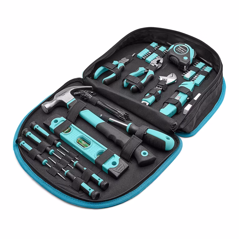 Amazon Basics Juego de herramientas con bolsa fácil de llevar, 104 piezas, turquesa, 36.5 x 29 x 7.62 cm. - Oferta Prime