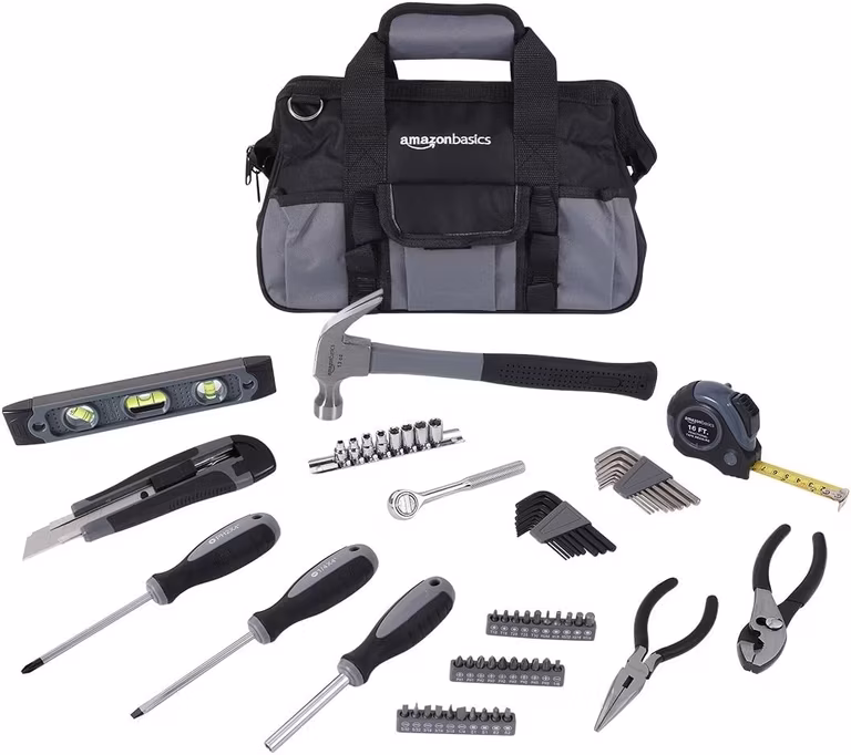 Amazon Basics - Juego de 65 herramientas de reparación básicas para el hogar con bolsa. - Prime Day
