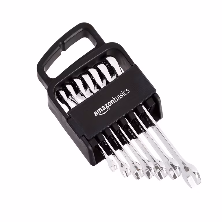 Amazon Basics - Juego de llaves combinadas de trinquete, métricas, 7 piezas