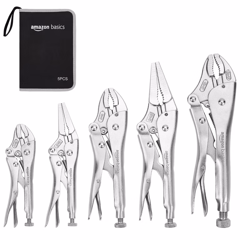 Amazon Basics Juego de 5 pinzas cortadoras de alambre y de sujeción CR-V con estuche , 2 rectas, 3 curvadas, 16.5 a 25.4 cm, plateado