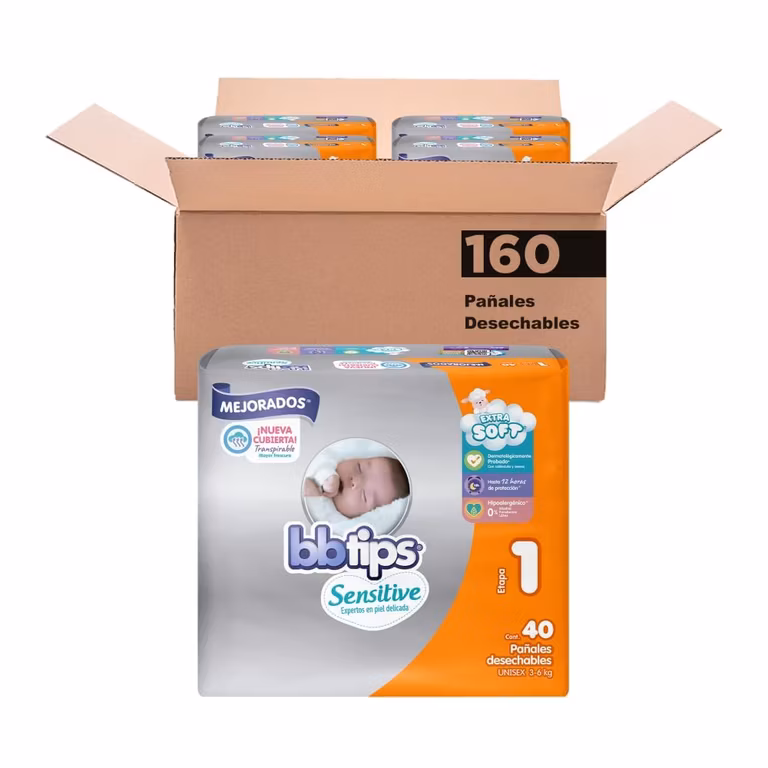 Amazon: BBtips Sensitive Pañales Talla 1 paquete de 160 (Planea y ahorra)