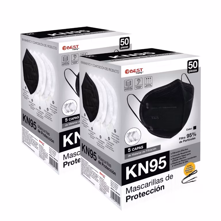 Amazon: Best Trading 100 Cubrebocas Negros KN95, Protección Certificada, 5 Capas, con Ajustador Nasal Oculto (planea y ahorra)