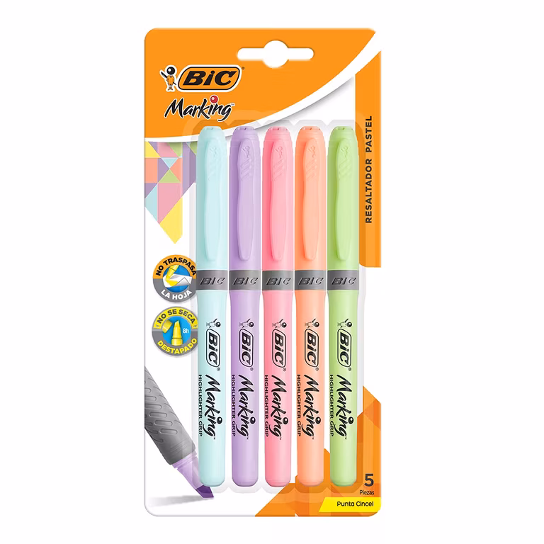 Amazon: BIC, Marcatextos con Grip, Subraya Todo, Punta Cincel, Marking Pastel, Surtido de Colores, 5 piezas, 4 por el precio de 3