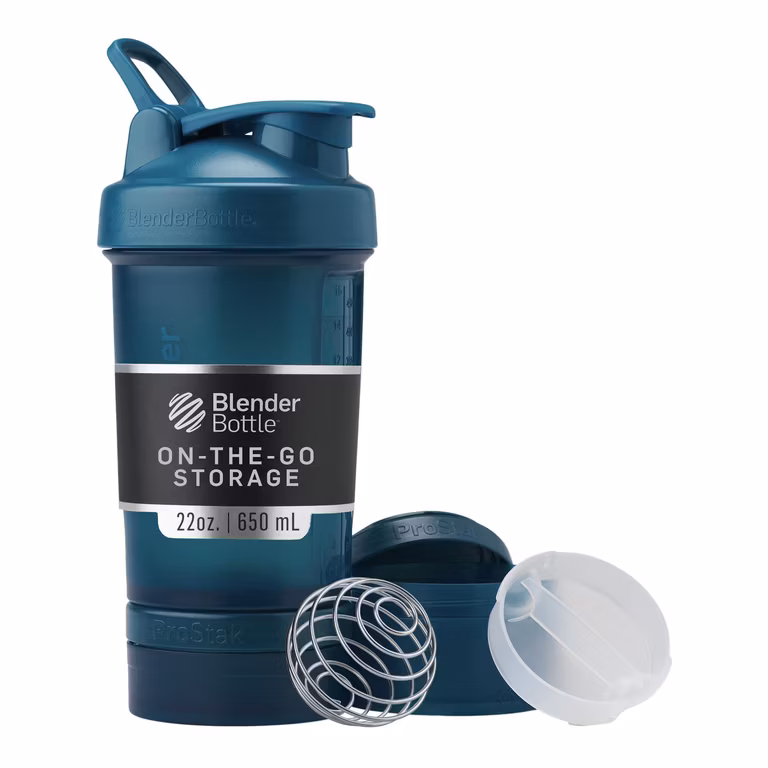 Amazon: BlenderBottle Shaker Bottle con organizador de pastillas y compartimento para proteína en polvo, sistema ProStak, 22 oz, azul océano