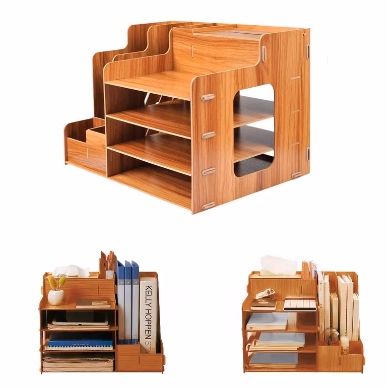 Amazon: Bluelander Organizador de Escritorio para Oficina y Hogar, Estante Organizador , Diversos Compartimientos, Fabricado de Madera,