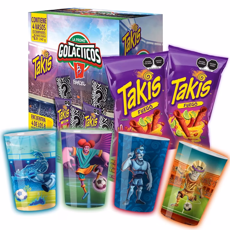 Amazon: Caja de Takis que incluye 2 piezas de Takis 240g + 4 vasos de plasticos de figuras