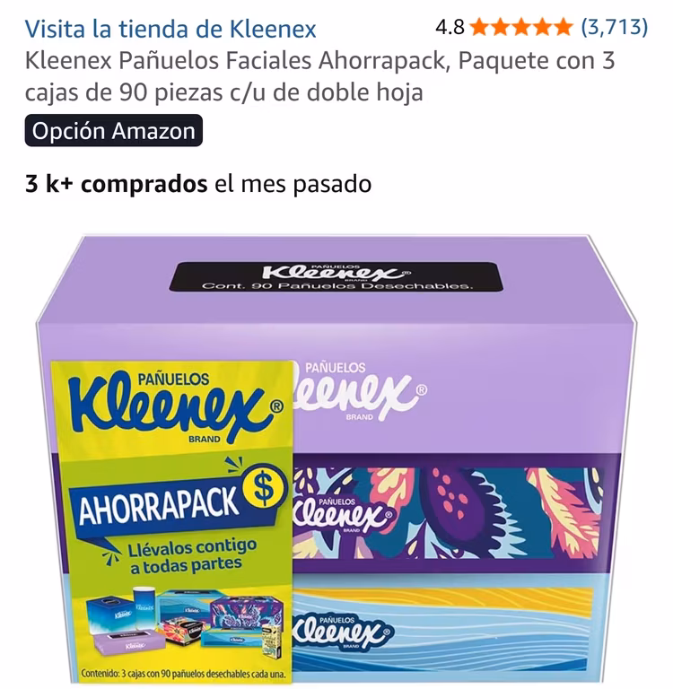 Amazon: 3 Cajas de pañuelos Kleenex por $53