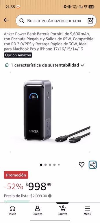 Amazon: Cargador anker de 65w y batería portátil 2 en 1