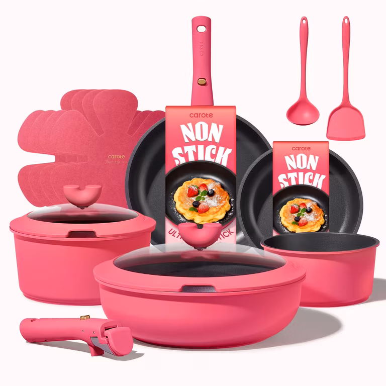 Amazon: CAROTE - Juego de utensilios de cocina antiadherentes con asas desmontables, color rojo rosa