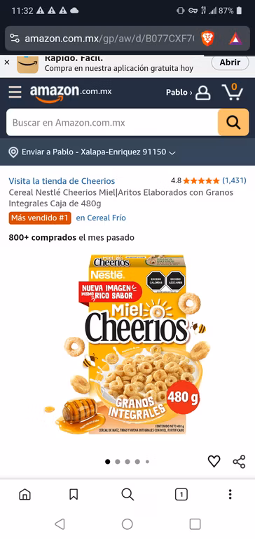 Amazon: Cereal Nestlé Cheerios Miel 480 gr