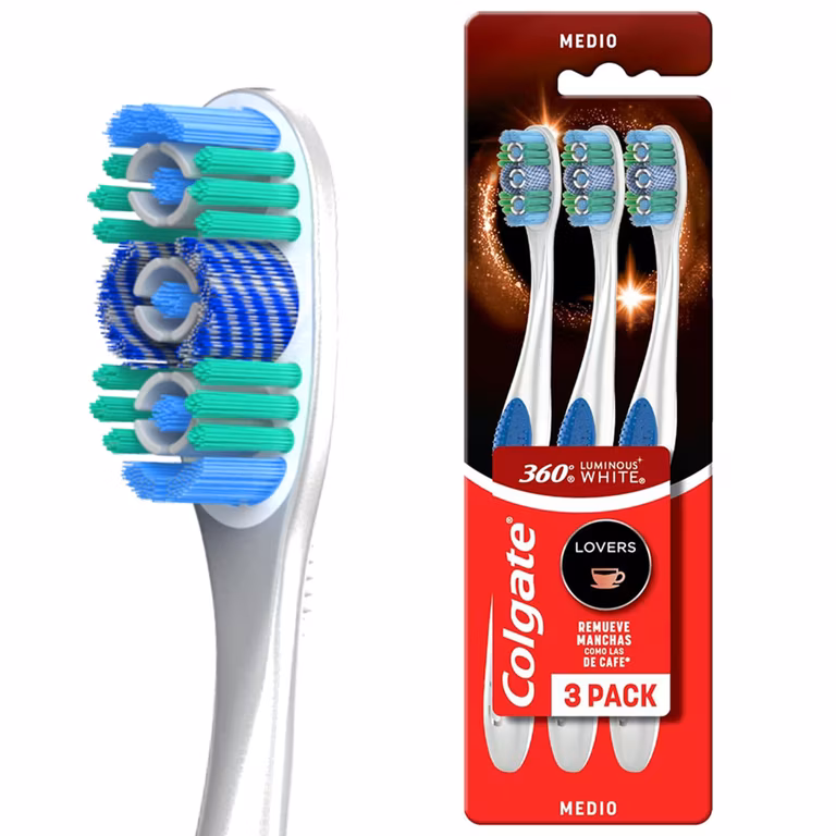 Amazon: Colgate Cepillo de Dientes 360° Luminous White Lovers 3 piezas, cerdas en espiral y copas blanqueadoras. - Oferta Prime