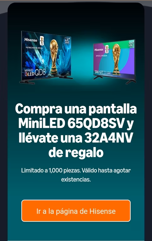 Amazon Compra una pantalla Hisense MiniLED 65QD8SV y llévate una 32A4NV de regalo