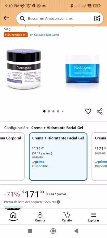 Amazon, Crema Hidratante Facial Reparador Nocturno Neutrogena Face Care Intensive 100g + Hidratante Facial Hydro Boost Water gel 50 g