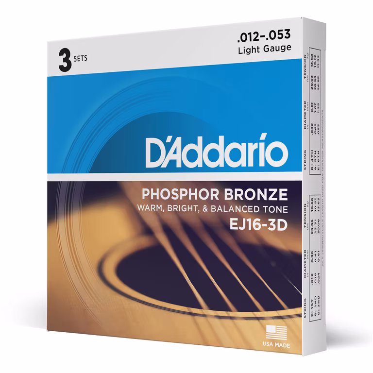 Amazon: Cuerdas para Guitarra Acústica D'Addario | 12-53 | 3 Sets de 6 Cuerdas (18) | Bronce Fosforado | EJ16-3D