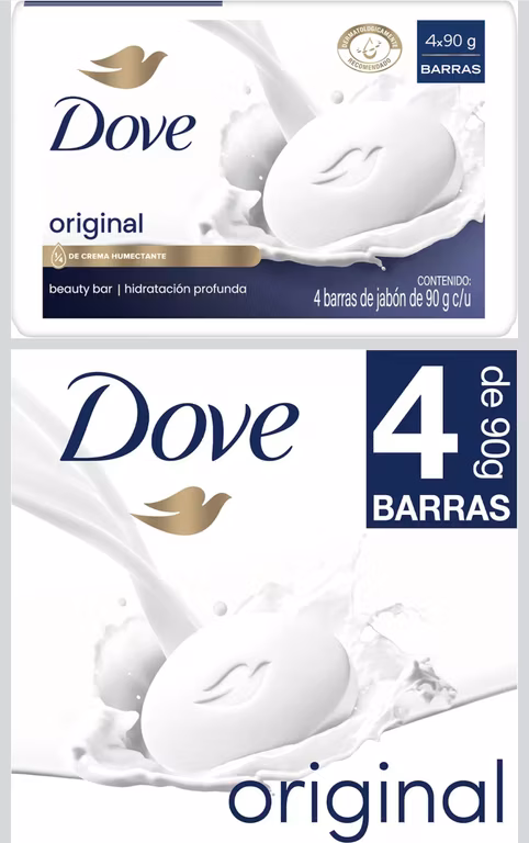 Amazon: Dove Jabón en Barra Original con 1/4 de crema humectante, 4 piezas de 90g