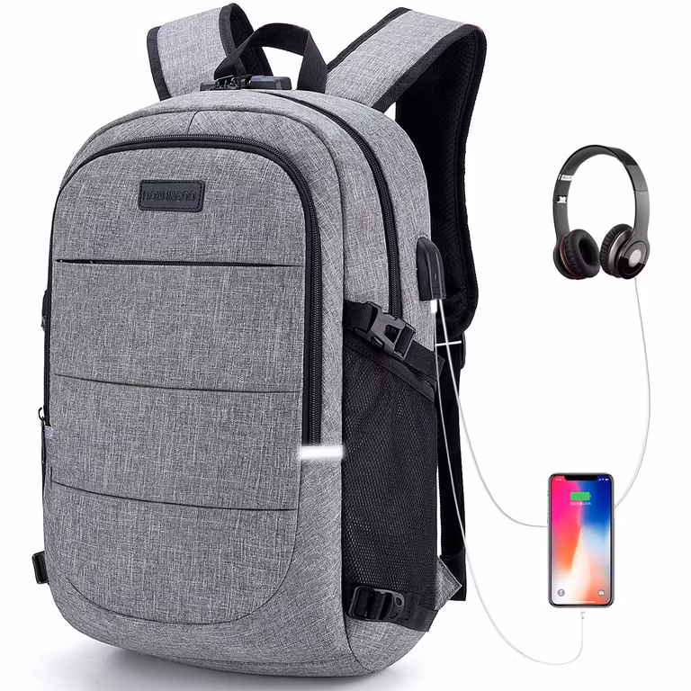 Amazon: DOXUNGOO Mochila antirrobo, Mochila Impermeable USB Puerto y puerto audífonos cerradura con código, puerto de carga USB
