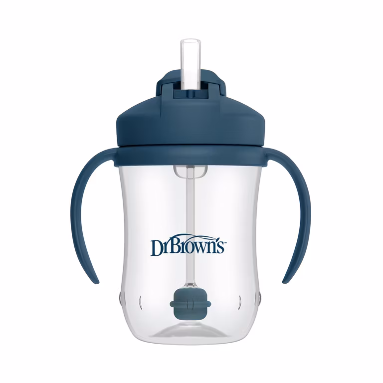 Amazon: Dr. Brown's Milestones - Taza de entrenamiento con pajita ponderada, 9 onzas/270 ml, azul oscuro, sin BPA, 6 m +