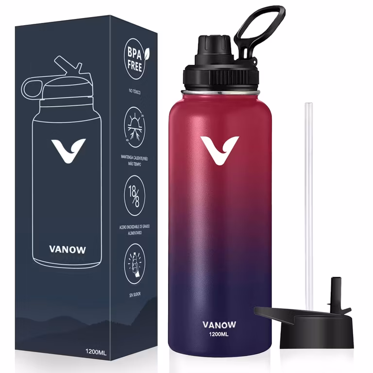 Amazon: E T EASYTAO | Termo Acero Inoxidable, Termos para Agua con 2 Tapas, Doble Pared y Tapa Hermética 1200 ml / 40 oz, Rojo-Azul