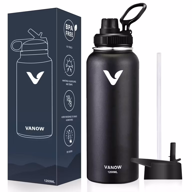 Amazon: E T EASYTAO Termos para Agua con 2 Tapas, 40 oz Botella de Agua Negro