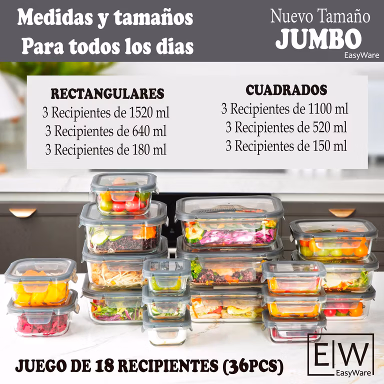 Amazon: EasyWare JUMBO Contenedores VIDRIO, Tapas Cierre Fácil y Herméticas, Refrigerador, Congelador 18 RECIPIENTES JUMBO 36 PCS