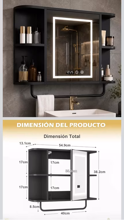 Amazon: Espejo para baño con luz LED, pantalla de hora y estantes.DASHLINE