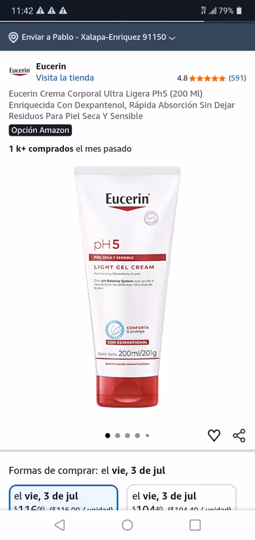Amazon: Eucerin Crema Corporal Ultra Ligera Ph5 (200 Ml)