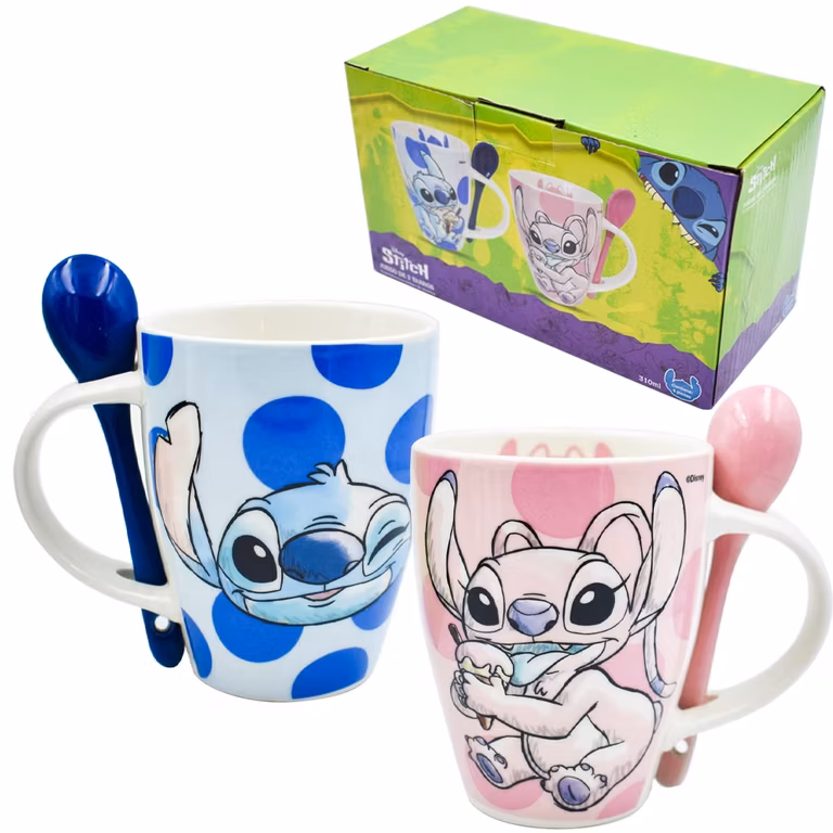Amazon: Fun Kids - Set de Tazas para Pareja, Taza, Disney con Diseño Original Stitch y Angel con Cuchara, Caja de Regalo de 410 ml