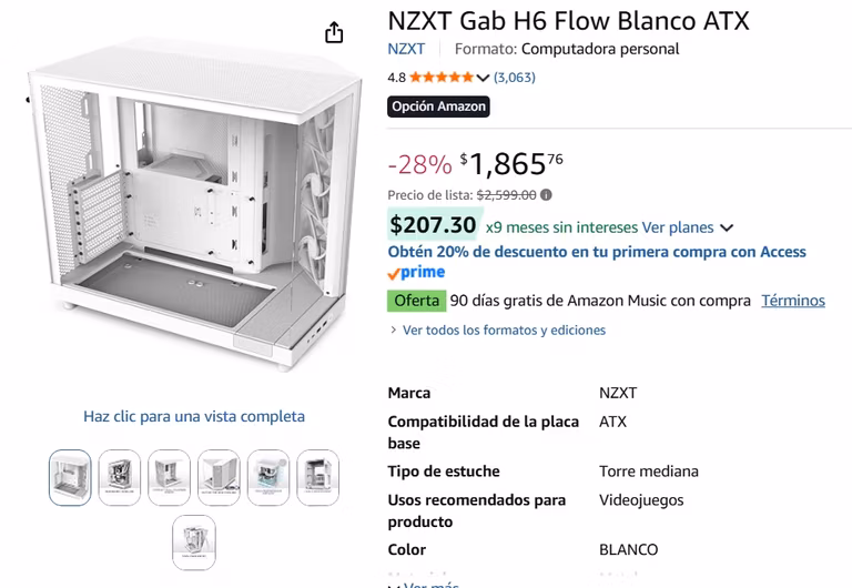 Amazon: Gabinete NZXT H6 Flow Blanco ATX
