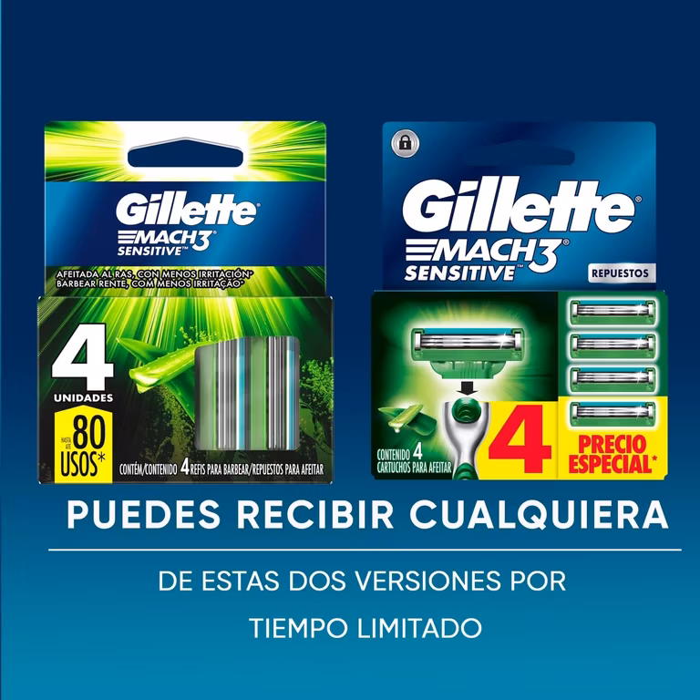 AMAZON: GILLETTE Mach3 Sensitive, Rastrillo para Afeitar Reutilizable, 4 Cartuchos con 3 Hojas para Rasurar (Planea y Ahorra)