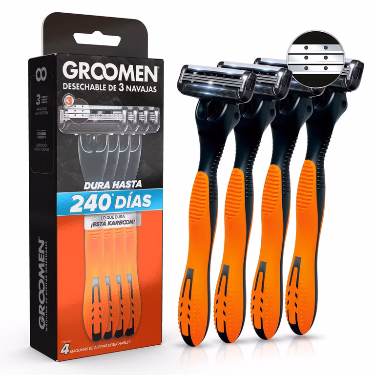 Amazon: GROOMEN 300 - Rastrillo desechable de 3 cuchillas con nanotecnología cerámica, doble banda lubricante, carbón activado, 4 piezas