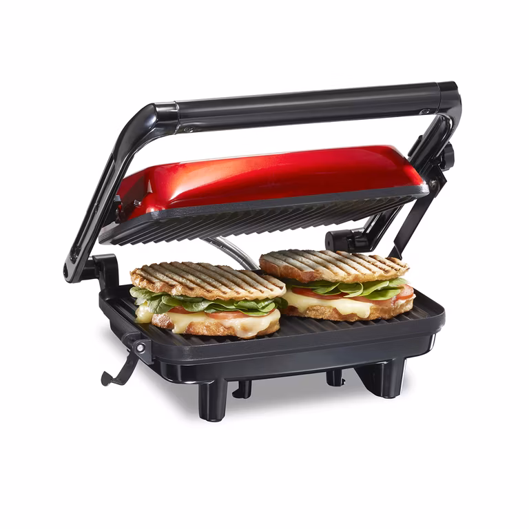 Amazon: Hamilton Beach Sandwichera, Prensa para Panini, para Cualquier Espesor de Sándwich, Parrillas 25.4 x 20.32 cm, Roja (25462Z)