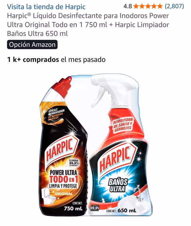 Amazon: Harpic Líquido Desinfectante para Inodoros Power Ultra Original Todo en 1 750 ml | Planea y Ahorra + 3x2