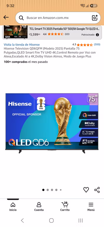 Amazon: Hisense Television QD6QFM (Modelo 2025) Pantalla 75 Pulgadas,QLED Smart Fire TV UHD 4K,Control Remoto por Voz con Alexa