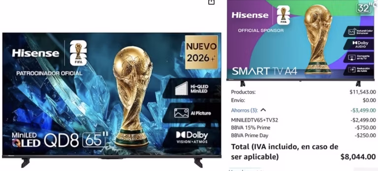 Amazon: Hisense televisión QD8S 65“ Mini-LED 4K + Pantalla de regalo por $8,044 con BBVA y otros bancos