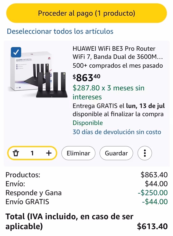 Amazon: HUAWEI WiFi BE3 Pro Router WiFi 7, Banda Dual de 3600Mbps, Antena Inteligente, 2x2,5GE+2xGE
