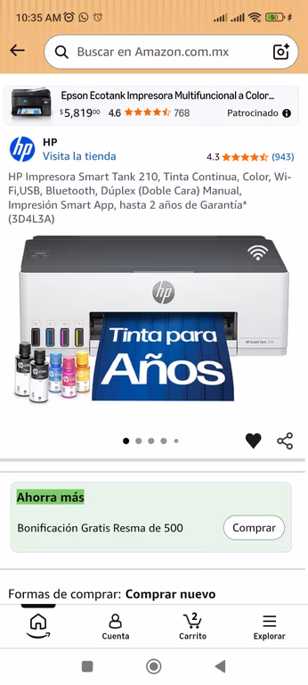 Amazon: HP Impresora Smart Tank 210, Tinta Continua, Color, Wi-Fi,USB, Bluetooth