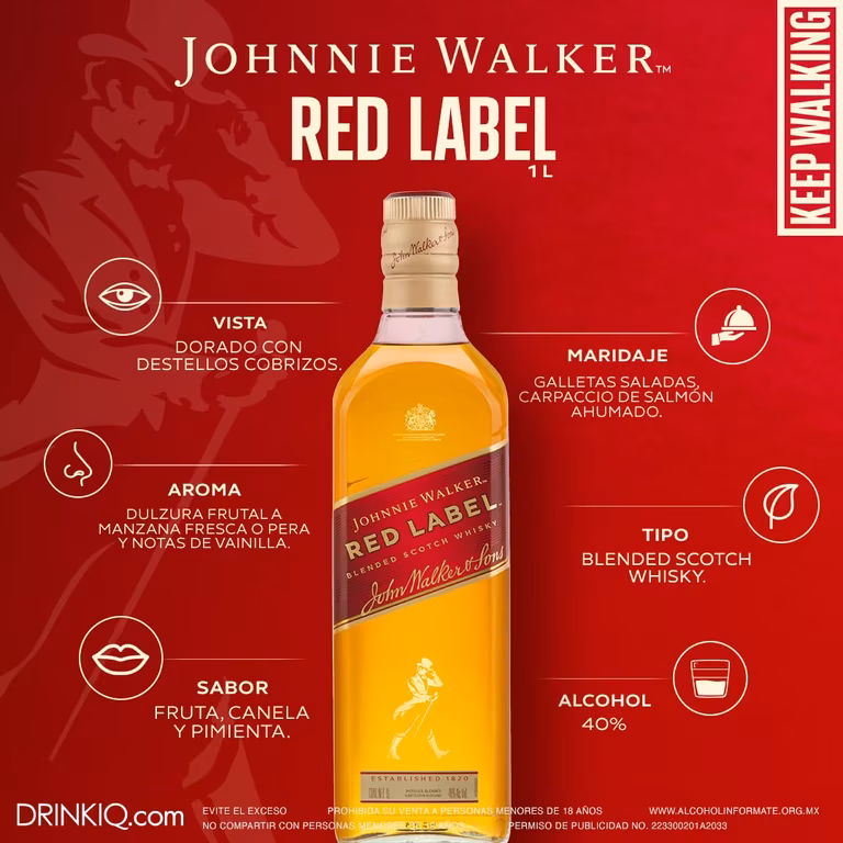 AMAZON: Johnnie Walker, Red Label 1 L, Whisky Blended Scotch, Perfil Aromático, Dulzura Frutal y Vainilla