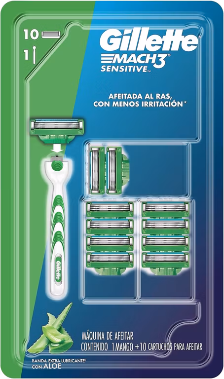 Amazon: KIT GILLETTE Mach3 Sensitive,Reutilizable, 1 Mango + 10 Cartuchos, para Hombre con Piel de bebé (Precio exclusivo PRIME)