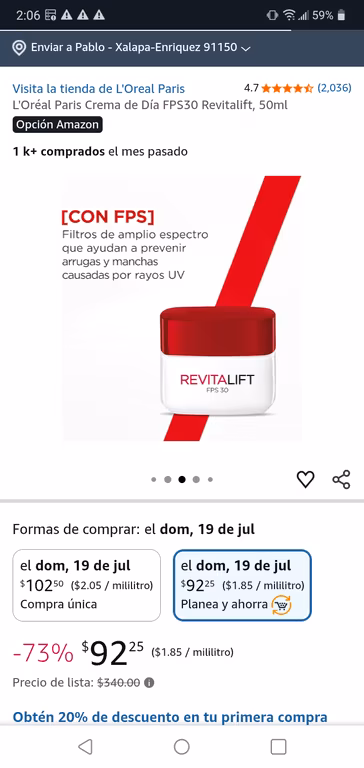 Amazon: L'Oréal Paris Crema de Día FPS30 Revitalift, 50ml | Planea y Ahorra