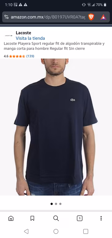 Amazon: Lacoste Playera Sport regular fit de algodón transpirable y manga corta para hombre Regular fit Sin cierre