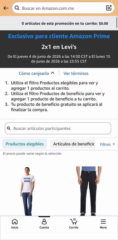 Amazon: Levis al 2x1 elige el pantalon, luego el de beneficio y solo te cobrara el primero.