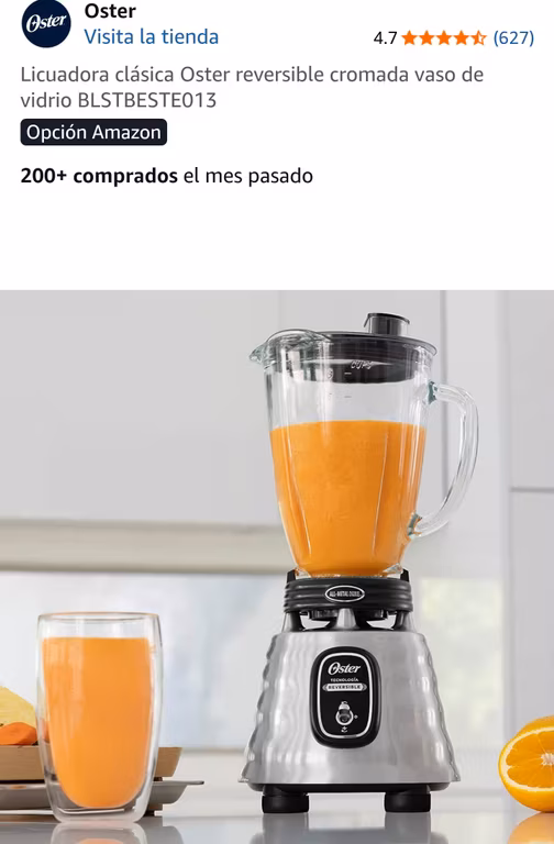 Amazon: Licuadora clásica Oster reversible cromada vaso de vidrio BLSTBESTE013