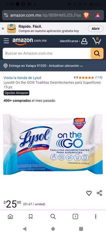 Amazon: Lysol On the GO Toallitas Desinfectantes para Superficies 15 pz precio c/u comprando 4