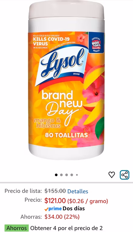 Amazon: Lysol toallas desinfectantes para superficies 4x2! (54.45 c/u comprando 4) + Planea y Ahorra