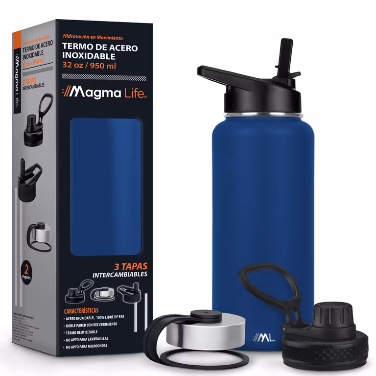 Amazon: MAGMALIFE Termo de Acero Inoxidable para Café y Agua 950 ml (32 oz): Contiene 3 Tapas
